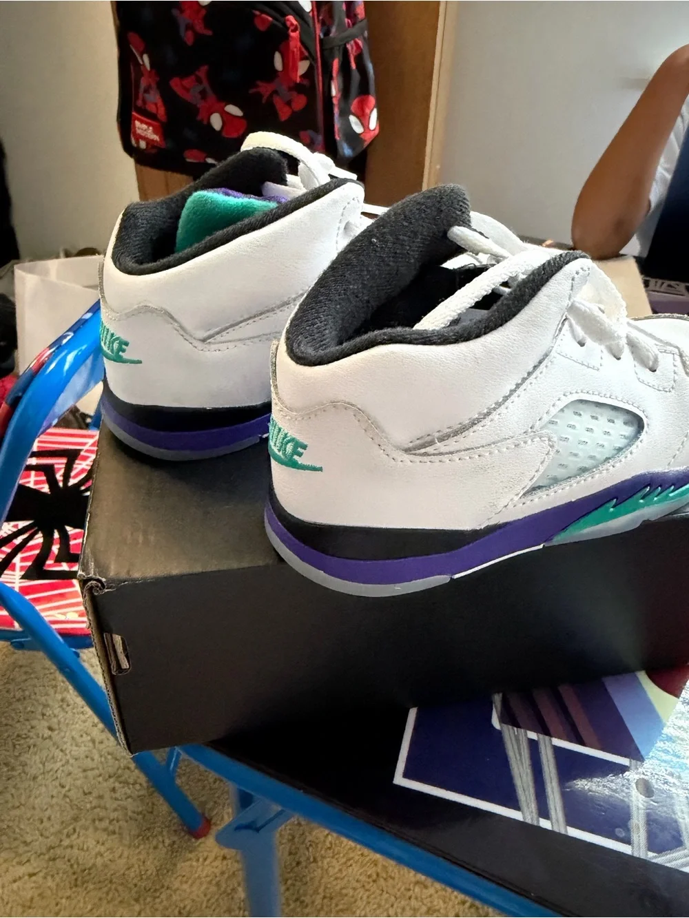 Jordan Kids White Sneakers with Purple and Teal Accents